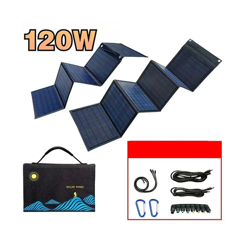 Tailgate Ready 120W Foldable Solar Panel Bag With USB And DC Ports For Camping Trails RV Adventures And Emergency Backups, showing panels and accessories.
