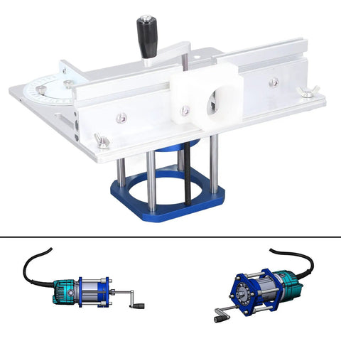 Must Have Router Table Lift Kit Featuring Smooth Adjustable Aluminum Platform And No Sweat Install Woodworking Insert Base Plate For 64mm To 65mm Routers with adjustable handle and metal base.