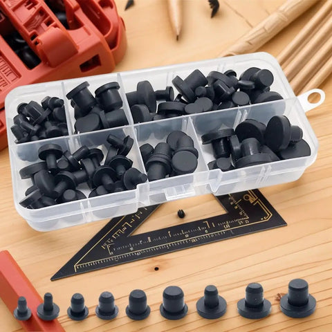 Heavy Duty Silicone Rubber Hole Plugs Set With 9 Sizes T Type Black Caps in transparent organizer box on wooden surface