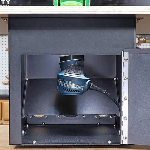 Portable Router Table System For Woodworking That Feels Ready To Roll Compact Stable Versatile Router Table For Precision Routing Easy Setup On Jobsite Or Shop Durable Build Wide Compatibility With Routers And Accessories, shown with attached router in cabinet compartment.