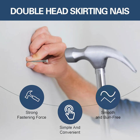 Person hammering a Built Tough Double Head Skirting Nail into a wall showcasing its strong fastening force.