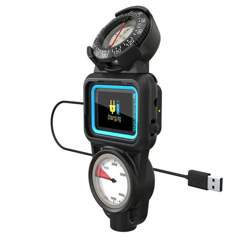 Peregrine Dive Computer Console With 2.2 Inch Full Color LCD, built-in compass and pressure gauge, USB charging cable attached.