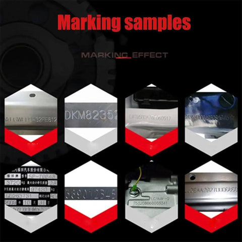 Marking samples using Absolute Workhorse Pneumatic Dot Peen Metal Marking Engraver on various materials.