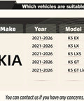 Chart showing vehicle compatibility for Kia K5 2021-2026 EX, LX, LXS, GT, GT Line models for Front Bumper Lip Splitter Spoiler Kit Bolt On.