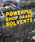 Engine block covered in heavy grease with text 'Powerful Shop Grade Solvents' demonstrating solvent strength.