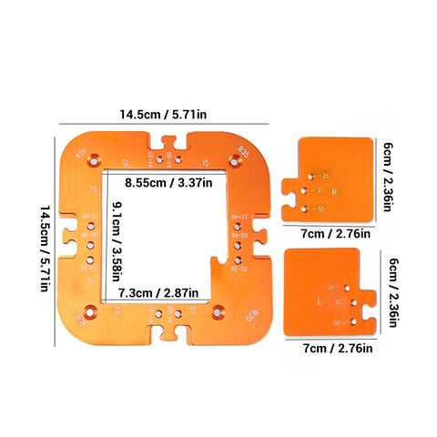 Rock Solid Aluminum Router Corner Radius Template With Bolt Down Fixing Clamp for Dead On Precise Woodworking Cut Lines R20 R25 R30 R35 set with dimensions.