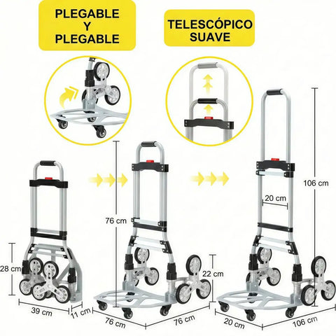 No Sweat Heavy Lifter And Smooth Operator Stair Climbing Cart featuring adjustable handles and six wheel base with compact folding design.