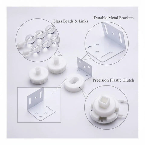 Easy DIY Roller Blind Pull Chain Repair Kit with glass beads, metal brackets, and plastic clutch for window shade restoration.