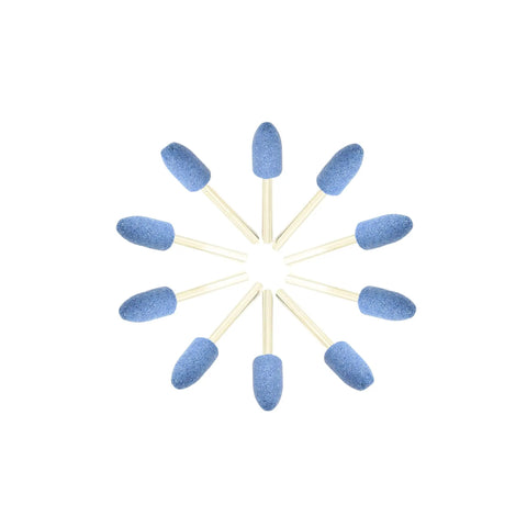 Blue Mounted Stone Point Grinding Abrasive Set, 10-Piece, 8 mm, 5/16 inch Shank, 120 Grit, arranged in a circular pattern.
