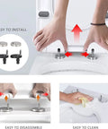 White Soft Close Toilet Seat Quick Release Square Design Featuring Killer Quiet Swivel Hinges And Dead Easy Top Mount Hardware For Absolutely No Loud Slamming Noise At All installation process with hardware and hands demonstrating quick release features.