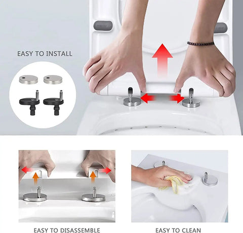 White Soft Close Toilet Seat Quick Release Square Design Featuring Killer Quiet Swivel Hinges And Dead Easy Top Mount Hardware For Absolutely No Loud Slamming Noise At All installation process with hardware and hands demonstrating quick release features.