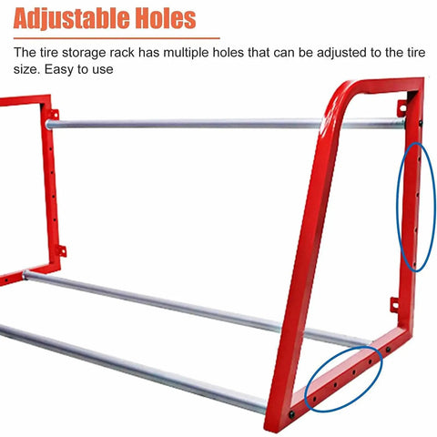 Adjustable holes in Heavy Duty Wall Mounted Tire Storage Rack For Garage Workshop Hella Solid Cold Rolled Steel Adjustable Multi Tire Organizer.