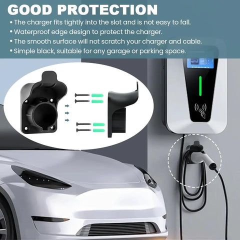 Heavy Duty Wall Mount Ev Charger Holder For SAE J1772 Plugs keeps charger secure with waterproof design, ideal for garage organization.