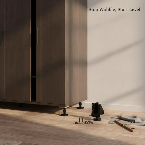 Adjustable Cabinet Feet For Uneven Floors Heavy Duty Cold Rolled Steel Wardrobe Supports with tools next to a cabinet on floor