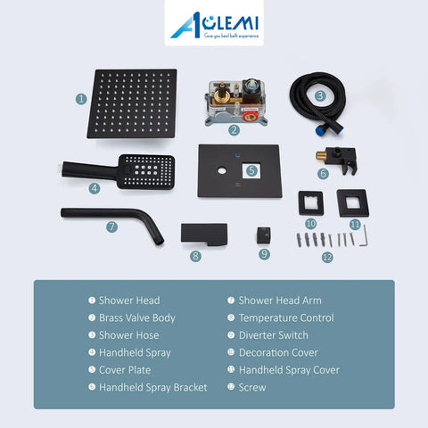 Components of Matte Black 8 Inch Rainfall Shower System With Three Function Shower Head And ABS Handheld Spray Luxury Rough In Valve And Trim Included Wall Mount Shower Mixer Faucet For Modern Bathroom Renovation displayed on white background.