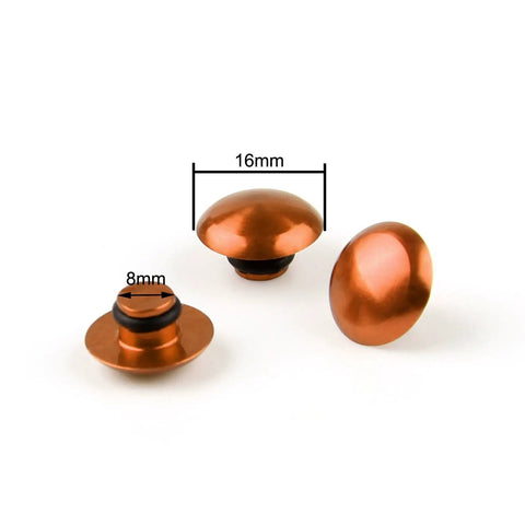 Orange M10 Hex Socket Bolt Head Cap Cover For Universal Fit Aluminum 6061 Anodized Alloy, three views showing dimensions