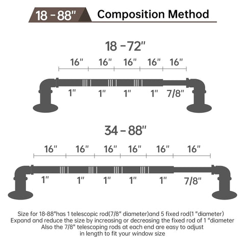 Diagram showing Industrial Black Curtain Rods 18 To 88 Inch Adjustable Length 1 Inch Diameter Pipe for wall or ceiling mount setup.