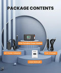 Package contents of Portable Power Station 120W 240W Peak Solar Generator With 88Wh Battery, adapters, charger, and manual displayed.