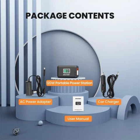 Package contents of Portable Power Station 120W 240W Peak Solar Generator With 88Wh Battery, adapters, charger, and manual displayed.