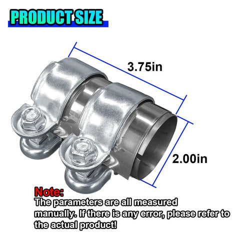2 Inch Automotive Exhaust Pipe Band Clamp Made from 409 Stainless Steel for a Rock Solid Hold, showing dimensions 3.75x2 inches.
