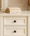 10 Pack Matte Black Cabinet Knobs For Kitchen Cabinets Round Ball Pulls With Single Hole Design Zinc Alloy Hardware installed on white drawers