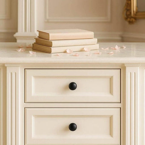 10 Pack Matte Black Cabinet Knobs For Kitchen Cabinets Round Ball Pulls With Single Hole Design Zinc Alloy Hardware installed on white drawers