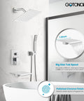 Rain Shower Fixture Set With 8 Inch Rain Shower Head Handheld Sprayer Waterfall Tub Spout And Wall Mount Mixer Rough In Valve And Trim Included Polished Chrome Finish High Flow 1.28 GPM Easy Install showing polished chrome fixtures over white tub