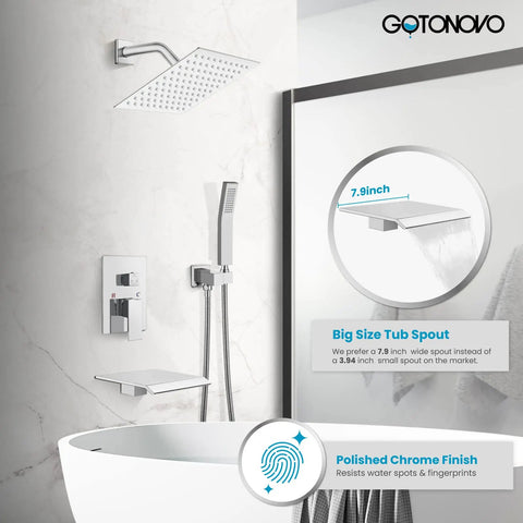 Rain Shower Fixture Set With 8 Inch Rain Shower Head Handheld Sprayer Waterfall Tub Spout And Wall Mount Mixer Rough In Valve And Trim Included Polished Chrome Finish High Flow 1.28 GPM Easy Install showing polished chrome fixtures over white tub