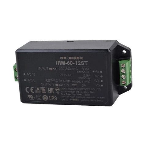 Heavy Duty 60W 12V 5A Industrial AC-DC Power Supply With Global Input 85-305VAC, 47-440Hz, Ultra Low Ripple, 2.5 Percent Regulation, A Real Workhorse for Export Machinery and Worldwide Electronics. Black metal AC-DC power supply with screw terminals and label