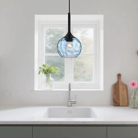 Chill Rustic Glass Mason Jar Pendant Light With Adjustable Cord For Flexible Height displayed over a kitchen sink