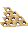 Front view of DCMT070204 metal lathe carbide inserts, tungsten carbide, gold-tone, 10pcs