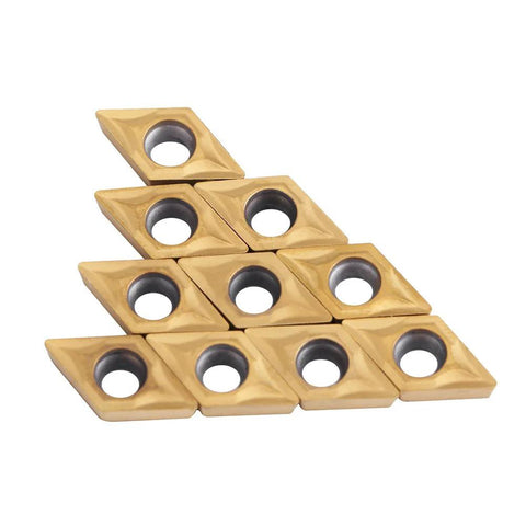 Front view of DCMT070204 metal lathe carbide inserts, tungsten carbide, gold-tone, 10pcs