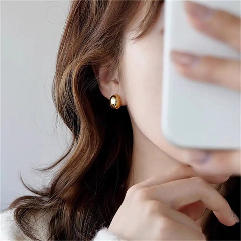 Chunky Half Ball Stud Earrings For Women With Gold Tone Finish Hypoallergenic Minimalist Oval Cartilage Studs Brass Base With 925 Sterling Silver Post Nickel Free And Lead Free Gift Velvet Pouch on ear