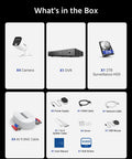 Contents of Eight-Channel 3K AI Security Camera System With DVR, including four 5MP cameras, DVR, 2TB HDD, cables, and accessories.