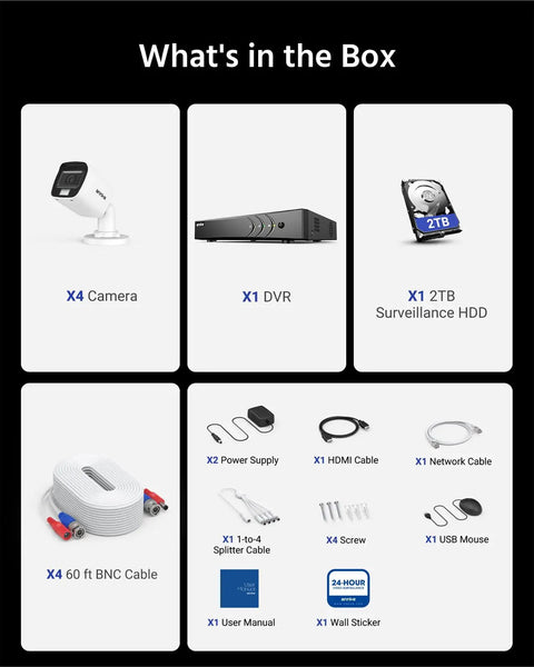 Contents of Eight-Channel 3K AI Security Camera System With DVR, including four 5MP cameras, DVR, 2TB HDD, cables, and accessories.