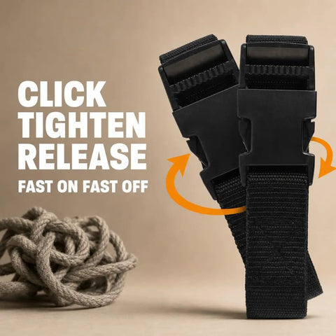 Heavy Duty Utility Strap With Quick Release Buckle 72 Inch Polypropylene Tie Down, focus on two black buckles and rope.