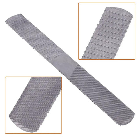 Eight Inch 4 Way Rasp File Forged From Toughened Carbon Steel with flat and half round cuts for woodworking and metalworking.