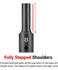 Rock Solid 1/2 Inch Drive 13/16 Six Point Impact Socket Designed For Real Mechanical Work Features Deep Well Fit with stepped shoulders.