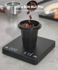 Palm Sized Coffee Scale With Timer for precise espresso and pour-over brews, showing coffee beans in a cup, black, digital display