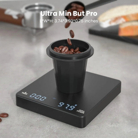 Palm Sized Coffee Scale With Timer for precise espresso and pour-over brews, showing coffee beans in a cup, black, digital display