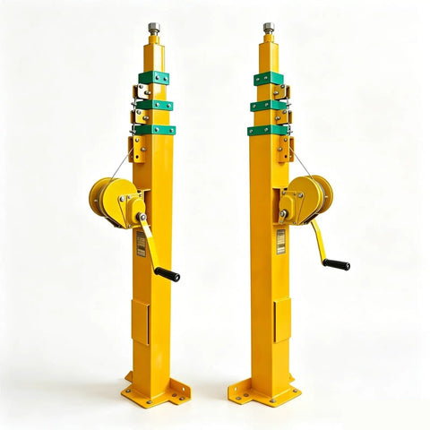 Kickass Manual Telescopic Mast Built For Road Ready Festival Rigging Supports Light Trusses And Pa Speakers Featuring Yellow Aluminum Frame and Protective Rubber Pads Engineered For Quick Setup And Smooth Load Out.