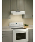 Range hood, 30-inch white, non-ducted under-cabinet with built-in lights.