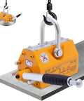 Heavy Duty Permanent Magnetic Lifter With Quick Release Lever for Steel Plates, handle, and hook displayed on metal surface.