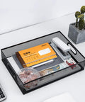 All Purpose No Fuss A4 Sized Metal Mesh Desk Drawer Organizer Tray Set with files and office supplies on a desk