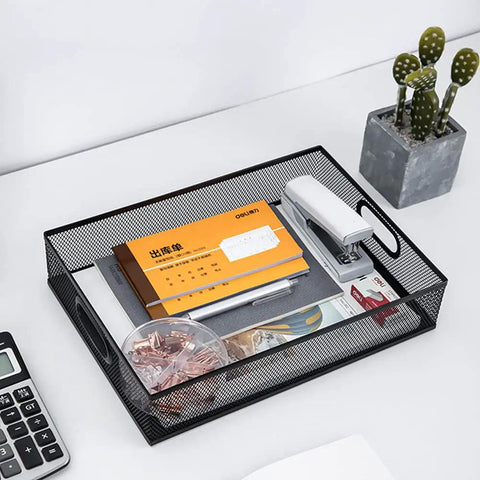 All Purpose No Fuss A4 Sized Metal Mesh Desk Drawer Organizer Tray Set with files and office supplies on a desk