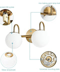 Modern Bathroom Vanity Light Fixtures With Two Lights Brushed Brass Finish And Milk White Globe Glass Shade Wall Bar