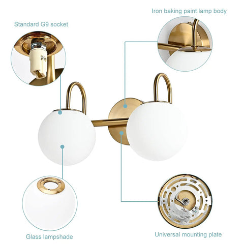 Modern Bathroom Vanity Light Fixtures With Two Lights Brushed Brass Finish And Milk White Globe Glass Shade Wall Bar