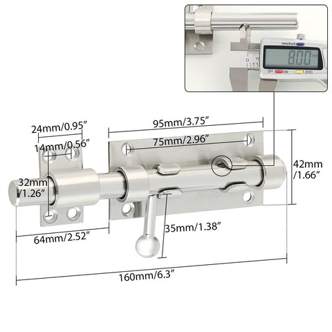 Gate Latch Lock for Wooden Garden Stainless Steel Brushed Hardware with detailed measurements and specifications.