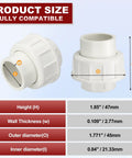3 Pack One Half Inch PVC Union Coupling Fittings Sch 40 Socket To Socket Slip Union Adapter dimensions and specifications chart