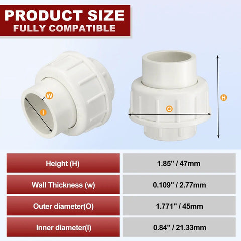 3 Pack One Half Inch PVC Union Coupling Fittings Sch 40 Socket To Socket Slip Union Adapter dimensions and specifications chart